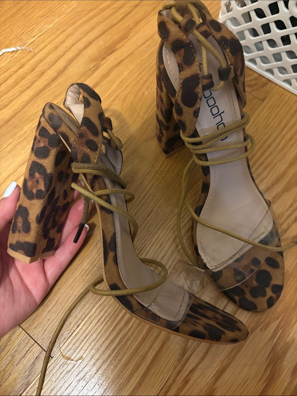 Leopard Print Block Heel Lace-Up Sandals - B